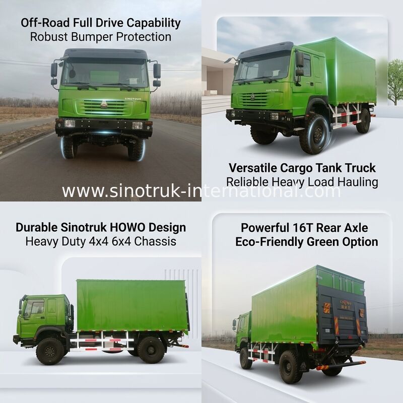 4X4 এলএইচডি ড্রাইভ টাইপ, 5000*2300*2300 মিমি কার্গো ট্যাঙ্ক এবং ভারী লোড ট্যাগিংয়ের জন্য 16 টন পিছনের অক্ষের ক্ষমতা সহ সিনোট্রুক ভারী দায়িত্ব ট্রাক