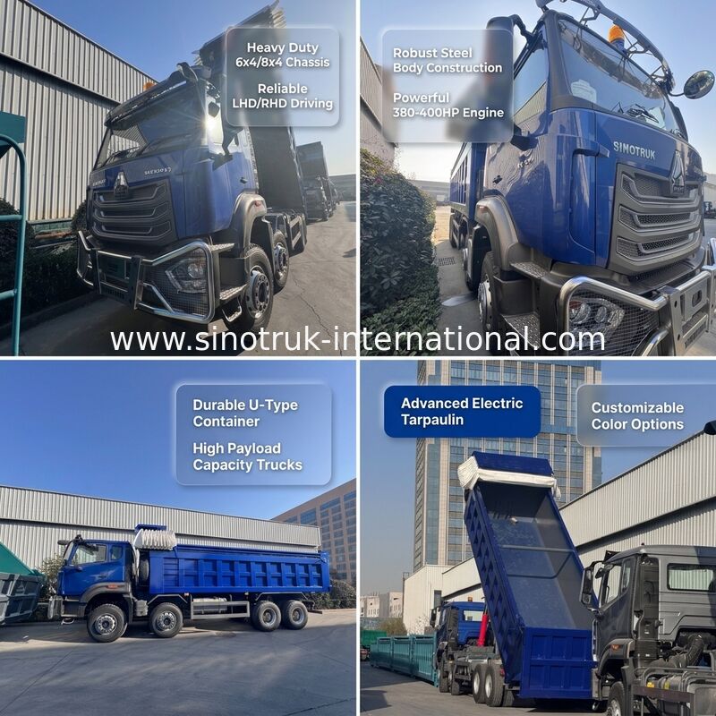 সিনোট্রুক হোহান নিউ হাও 8X4 ডাম্প ট্রাক 371hp H77L কেবিন ব্লু ইলেকট্রিক ট্যাবলিন RHD সঙ্গে