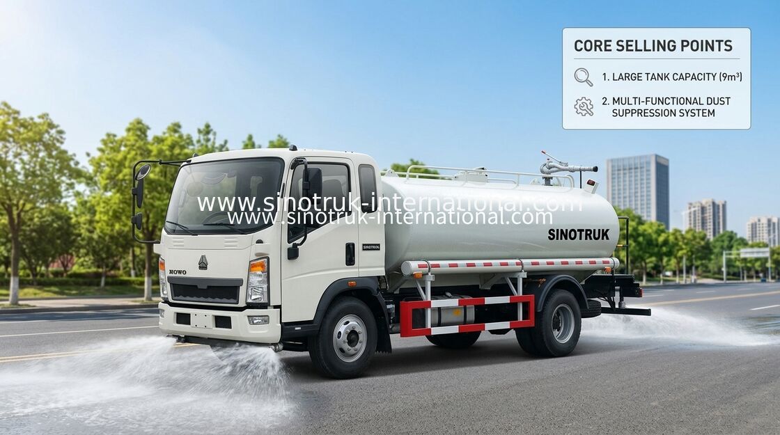 SINOTRUK হালকা জলের ট্যাঙ্ক ট্রাক LHD 5-8CBM স্প্রে করার পরিসীমা প্রশস্ত