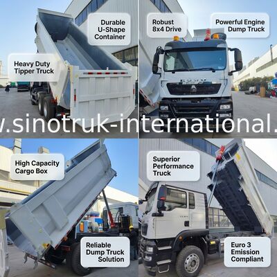 উচ্চতর পারফরম্যান্সের জন্য ৩৯০এইচপি ম্যান ইঞ্জিন এবং ২০সিবিএম কার্গো বক্স সহ হোওও টিএক্স ৬*৪ সাদা ডাম্প ট্রাক